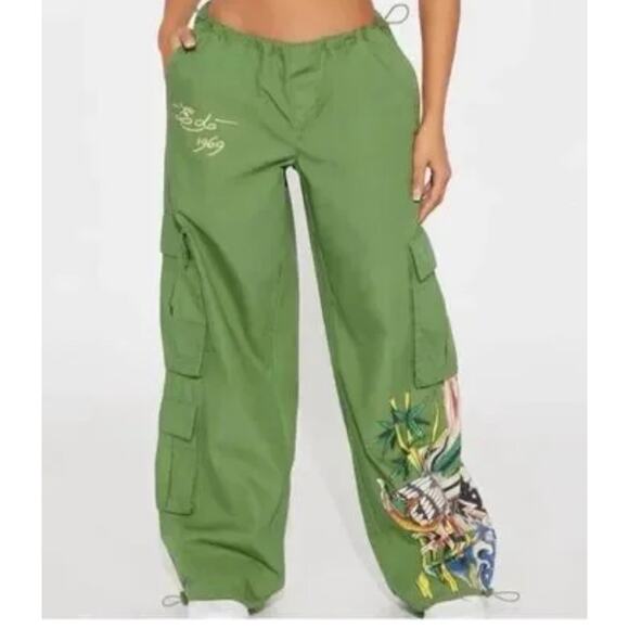 Ed Hardy Pants - Ed Hardy Women's Cotton Peacock Poplin Wide Lego Khaki Cargo Pant Women’s XL